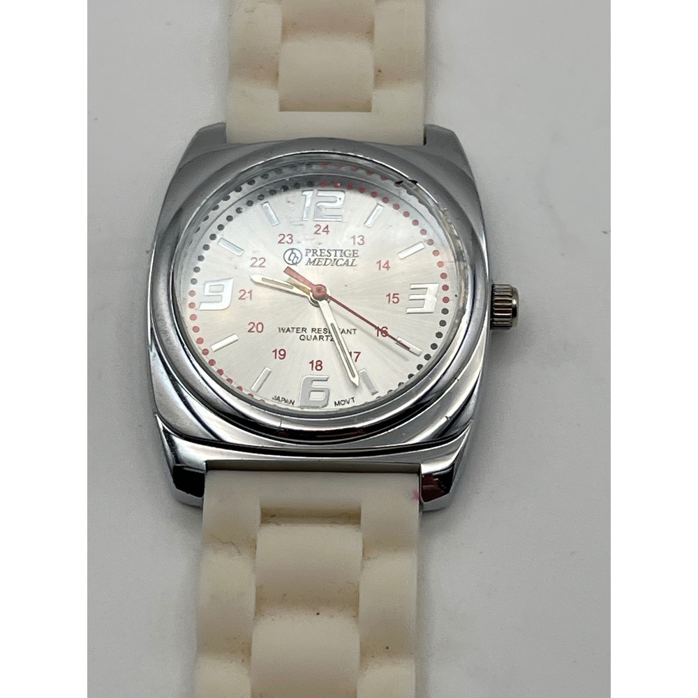 Prestige Medical Scrub Watch White Silicone Strap 24 Hour Military Time Silver